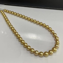 天然高品质浓茶金珍珠项链9-10mm近圆几乎无暇特强光送银扣