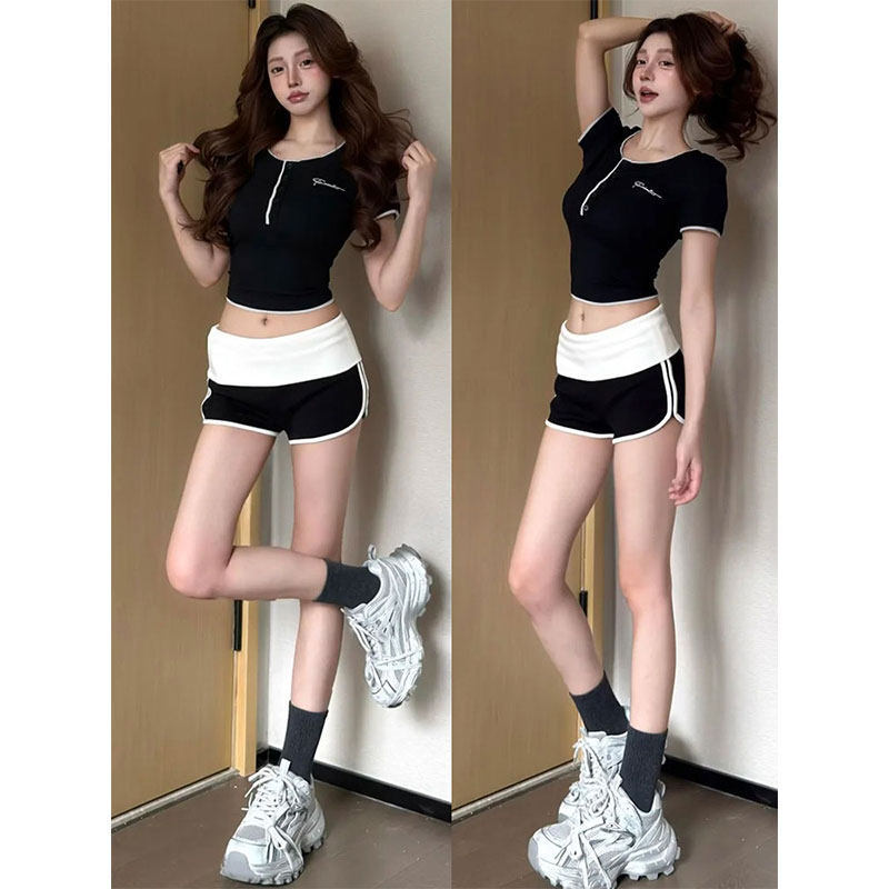 Black and White Patchwork Waist Sports Shorts for Women, Summer Thin Style, Versatile for Fitness and Dancing, Casual Pants with a Stylish Design, Hip-Hugging Hot Pants