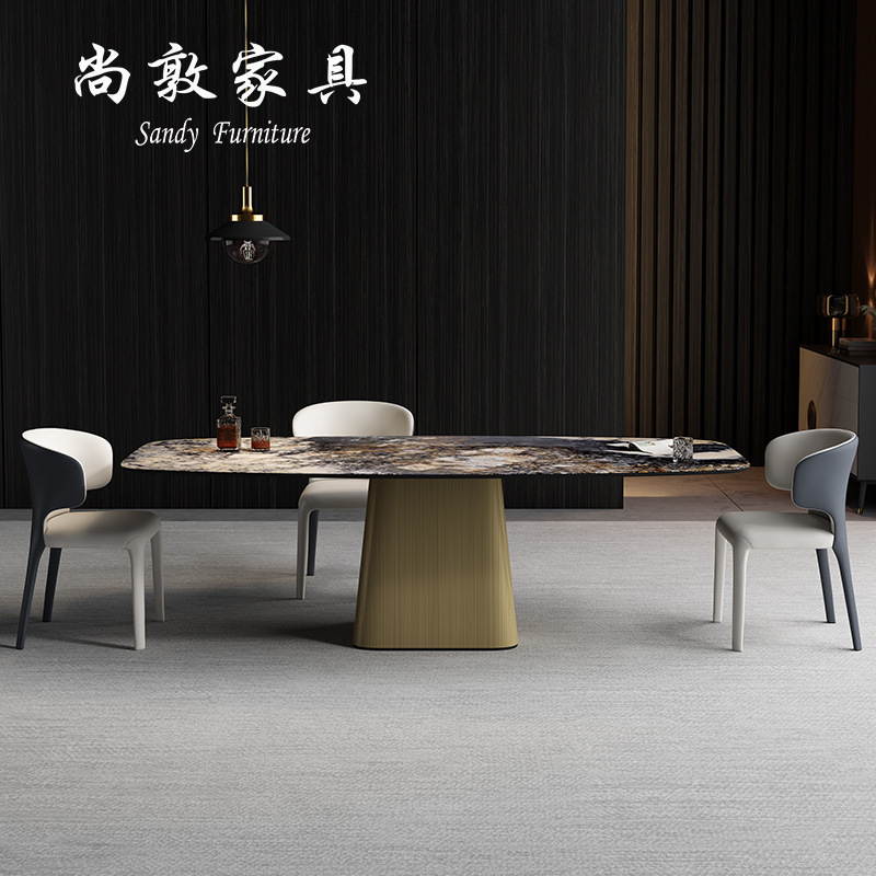 尚敦丨意式亮光岩板餐桌长方形桌子家用饭桌轻奢大理石餐桌椅组合