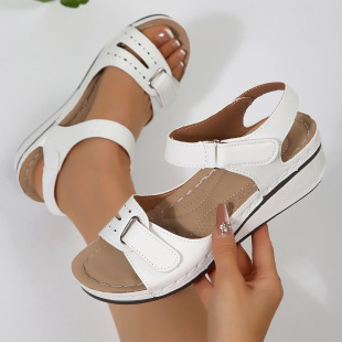 2025 Summer New Cross-Border Foreign Trade Sandals for Women Amazon Wedge Heel Velcro Thick Sole Large Size One-Strap Sandals
