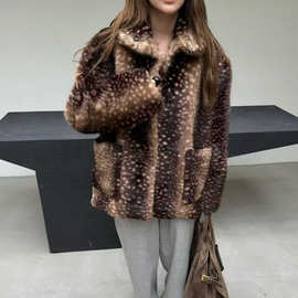 韩系东大门时髦翻领小鹿斑纹仿貂绒外套女毛绒绒保暖皮草大衣秋冬