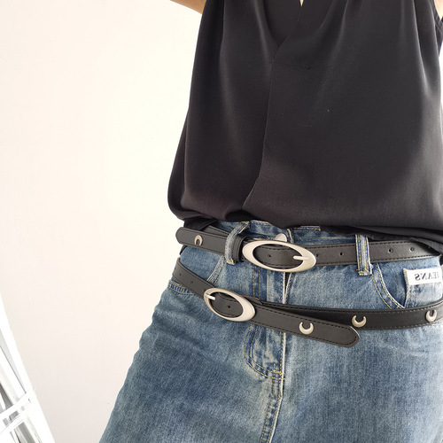 New personalized imitation leather belt, simple oval buckle with jeans belt, women's trendy crescent moon punk style wholesale