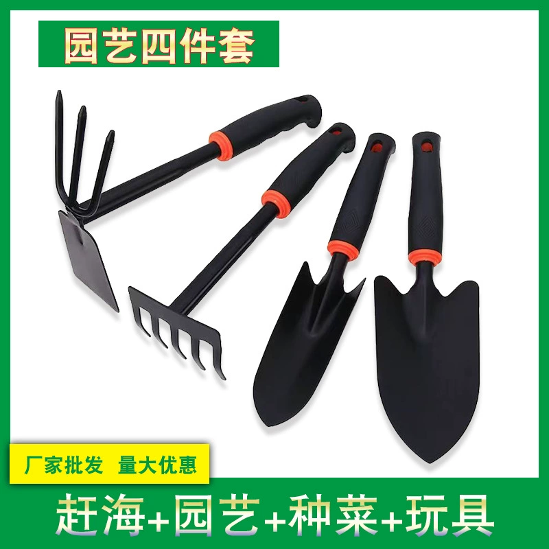 Заводская оптовая продажа садового инструмента: лопата для рассады, грабли с пятью зубьями, мотыга, черная пластиковая ручка, трехкомпонентный набор инструментов для сада двойного назначения