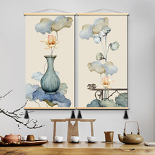 新中式禅意荷花装饰画茶室墙布挂布背景布艺客厅玄关挂布艺挂画