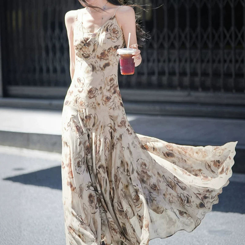 Plums Are Ripe【Mocha Rose】V-Neck Gradient Print Camisole Dress for Women, Vintage Sleeveless Long Dress Plums Are Ripe【Mocha Rose】V-Neck Gradient Print Camisole Dress for Women, Vintage Sleeveless Long Dress