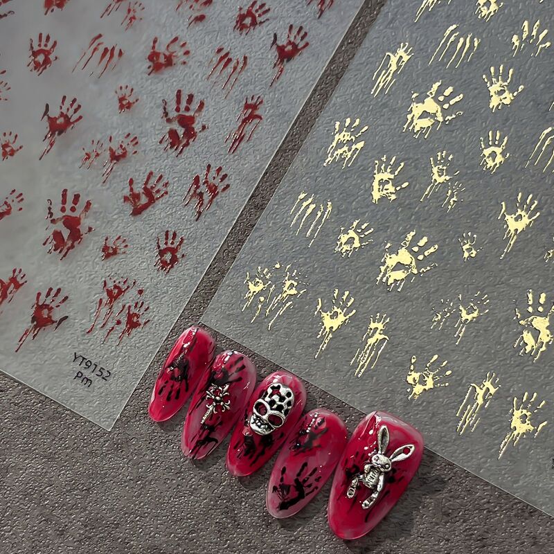 Yitu 2026 Halloween Horror Palm Print Nail Stickers New Scary Subculture Nail Decals YT9150
