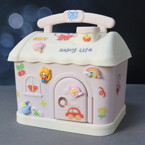 Cartoon Cute House Piggy Bank, Depositable and Withdrawable, Portable Resin Anti-Slip Gift Bank for Students and Children