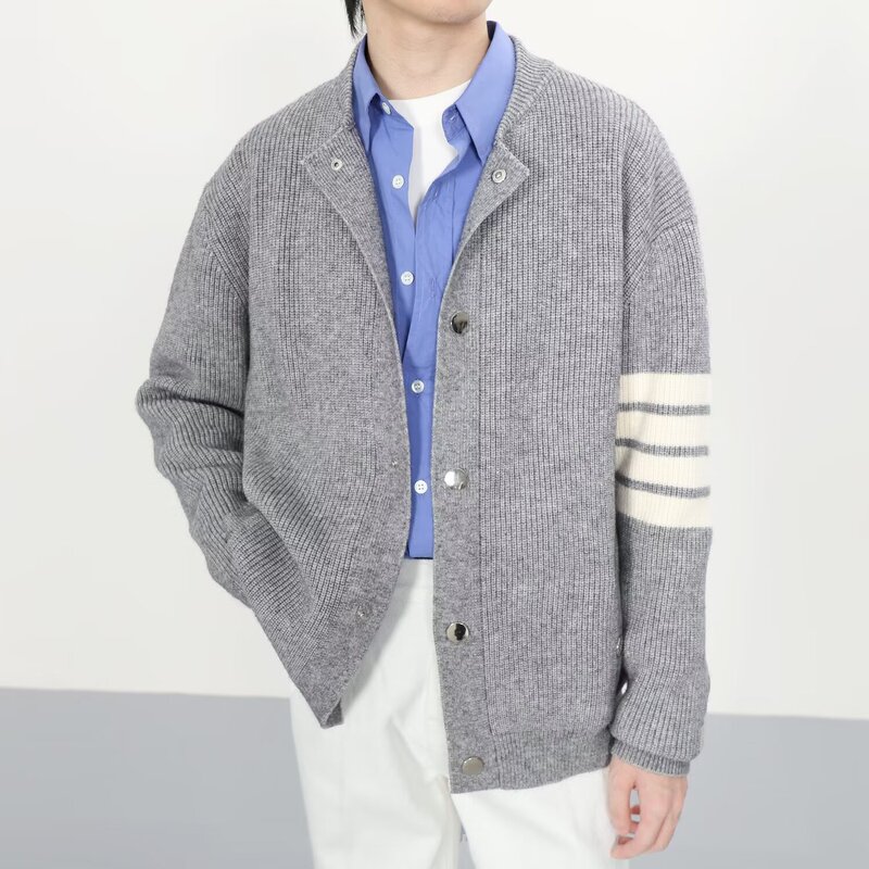 Japanese Style Color-Blocked Stripesd Knitted Cardigan Round Neck Sweater Men's Slim Trendyy Fashion Bf Style Outer Button Sweater