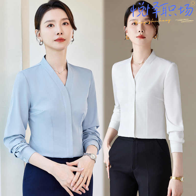Professional White Shirt Women's 2024 New Style Stewardess Hotel Elegant Work Clothes V-Neck Shirt Workwear Long Sleeve Autumn