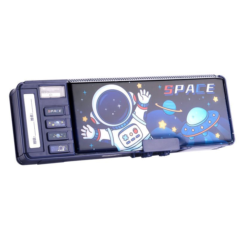 Caja multifuncional de papelería de doble capa de contraseña para niños, caja de lápiz de sensación avanzada, caja de almacenamiento de lápiz de plástico para niños