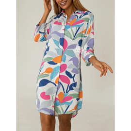 2025春夏新款欧美风时尚气质优雅印花翻领单排扣开衫连衣裙