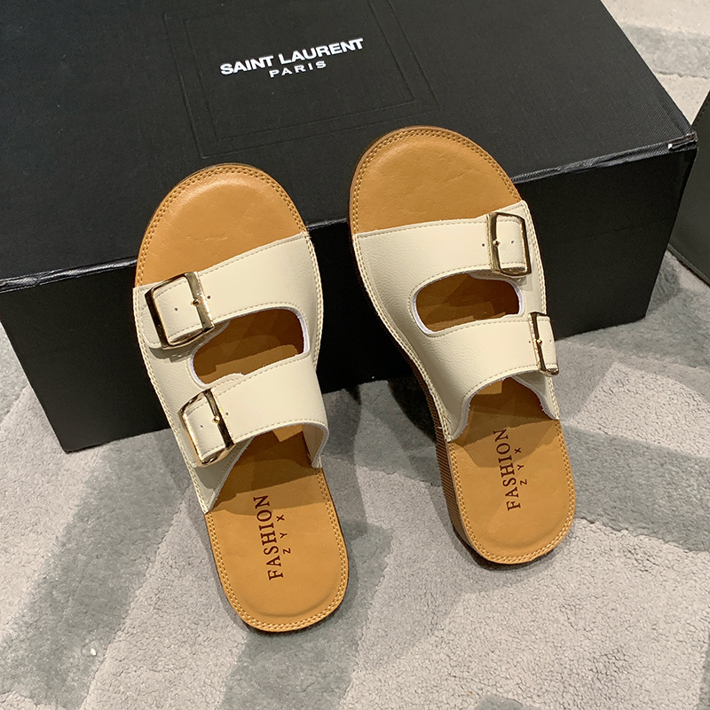 Echt leer Oxford-slippers met zachte zolen Dames zomer bovenkleding 2023 nieuwe all-match strandsandalen met riemgesp_voghion.com