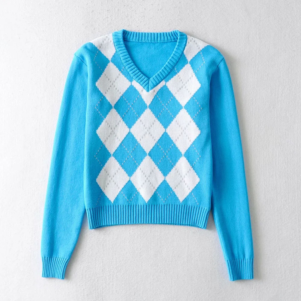 diamond plaid pullover sweater   NSHS23488