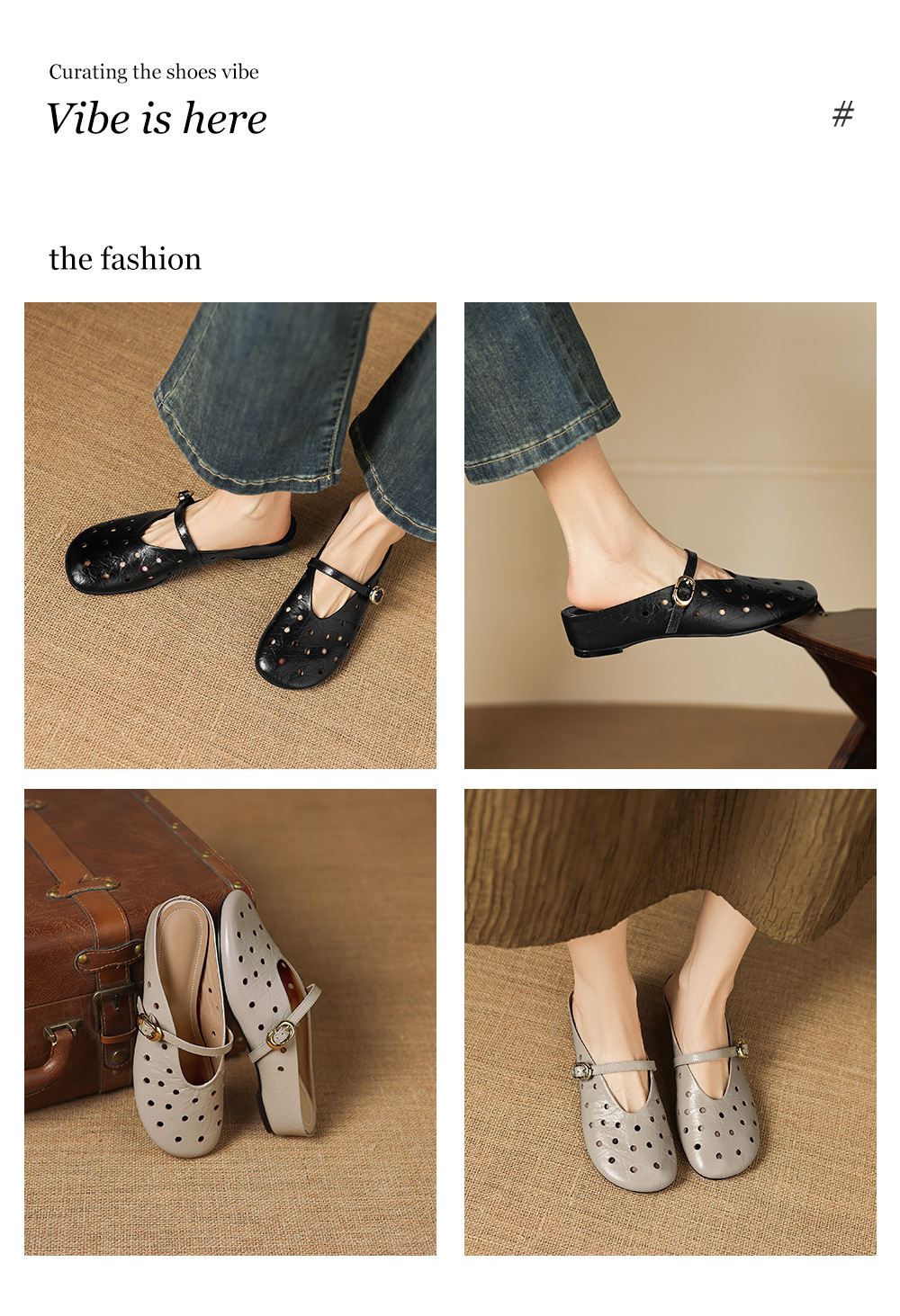 Sandal nữ da dê đục lỗ mũi trùm quai ngang hở gót — đen chi tiết 2