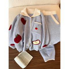少女卡通可爱苹果印花半边绒睡衣女冬季新款家居服大码加厚两件套