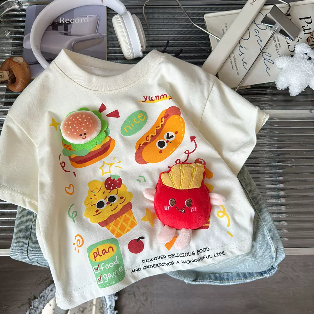 儿童短袖T恤2025夏季新款半袖男女童立体竖条汉堡打底衫纯棉上衣