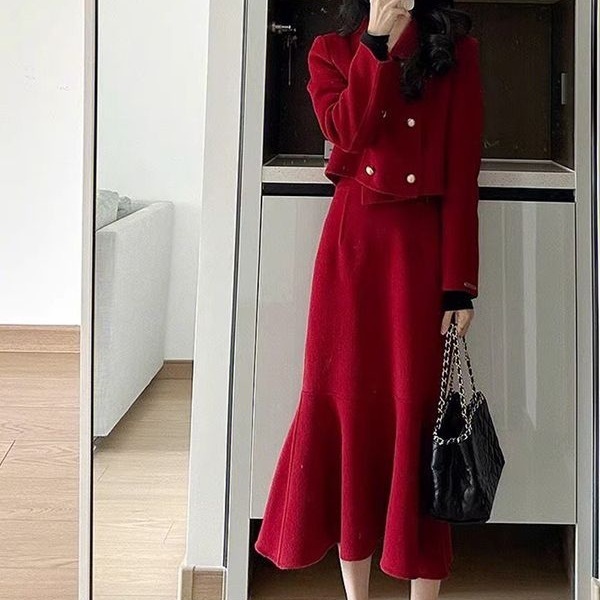小香风套装裙名媛韩剧一整套洋气两件套红色连衣裙秋冬订婚礼服女|undefined