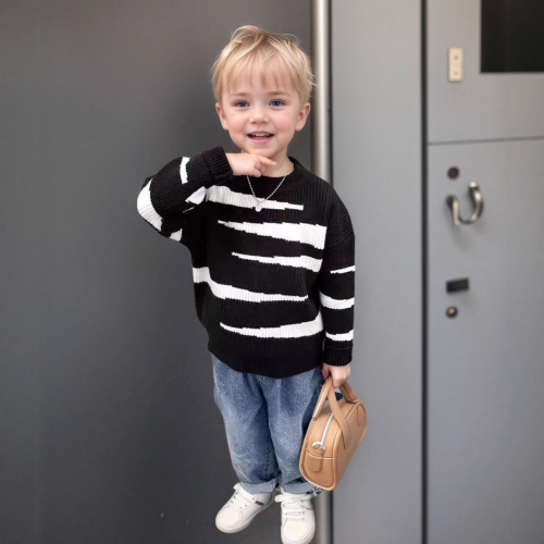 Men's Sweater 2025 Autumn/Winter New Basic Crew Neck Black and White Striped Casual Knit Top Korean Style Loose Fit