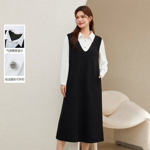Slim Show plus size Women's Clothing Contrast Color Stitching Fake Two-piece Straight Tube Flesh Cover Slim dress Chubby mm2024 Winter New