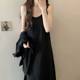 Sling Black Summer 2025 Long Dress Fashion Meat Covering Elegant Women's dress Slimming Solid Color Loose