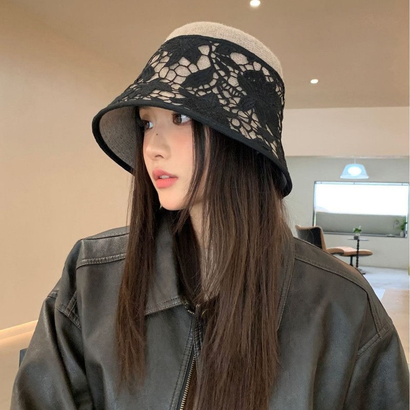 2025新款蕾丝盆帽复古风秋冬百搭户外女防风休闲显脸小时尚保暖帽|undefined