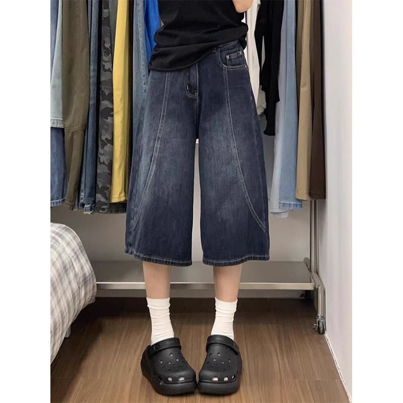 Plus Size Retro Dark Blue Cropped Denim Shorts for Women Summer Fat mm Loose Slimming Look High Waist Straight Wide Leg Pants