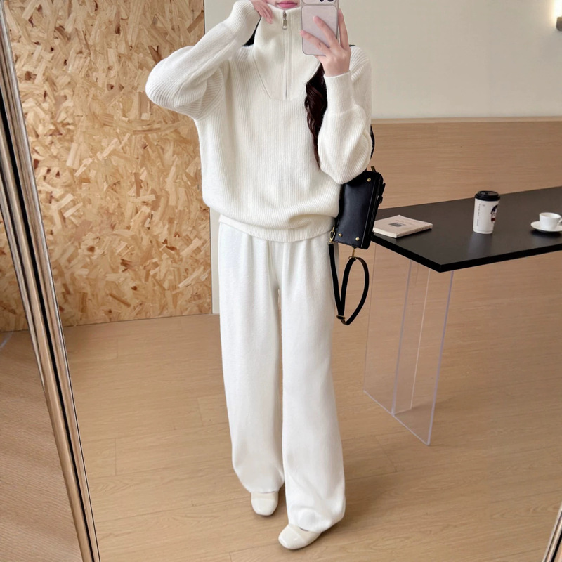 Half-zip turtleneck pullover sweater set with wide-leg pants, loose casual two-piece outfit for autumn and winter, knitted top