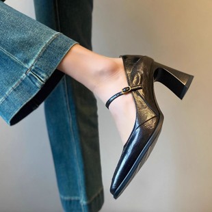 Ready Stock ~ Genuine Leather Square Toe Mary Jane Shoes for Women, High Heels, French Shallow Mouth, Thick Heel Flats, Elegant