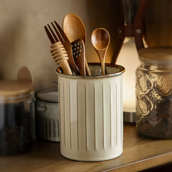 Storage Helper Embossed Ceramic Chopstick Holder 2026 New Model Storage Jar Decorative Item for Knives, Forks, Spoons, and Chopsticks Cross-Border Export