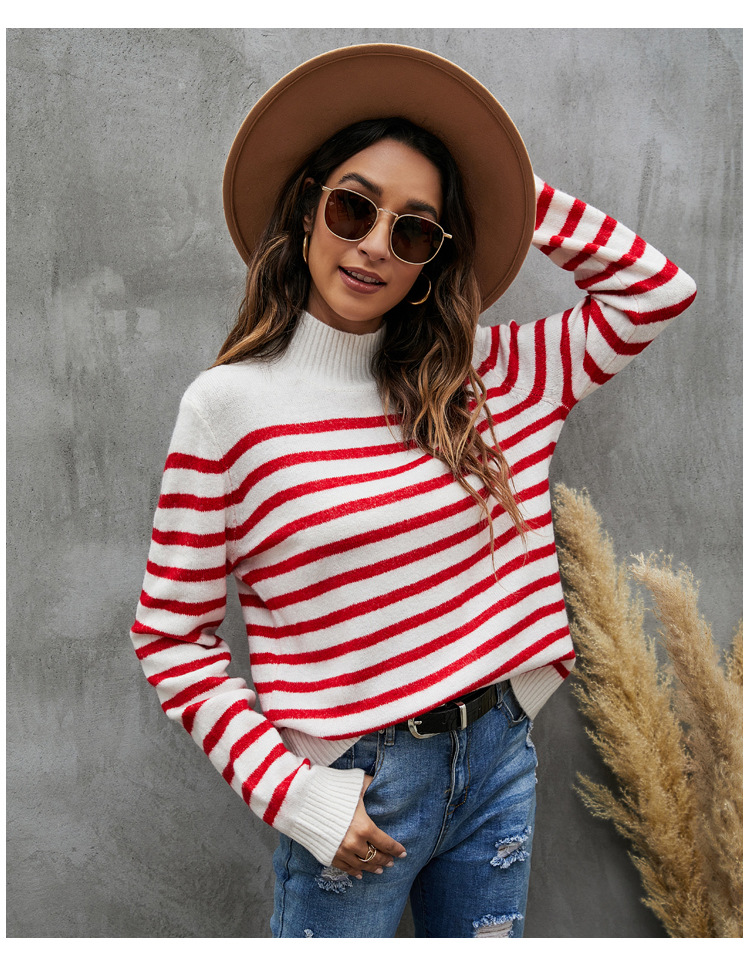 striped loose long-sleeved stand collar pullover sweater nihaostyles clothing wholesale NSYH86776