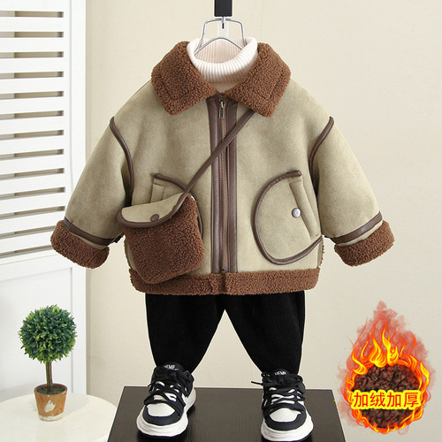 4592 Boys' Fleece Lined Coat Autumn/Winter  New Baby Winter Outfit Faux Fur Wool Coat Children's Wear