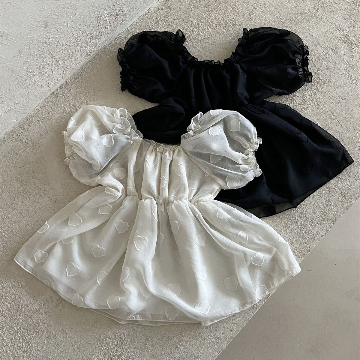 浩天服饰新款童装连衣裙韩版女童网纱卷边领收腰裙子泡泡袖公主裙