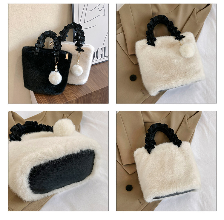 Women's Small Autumn&winter Plush Solid Color Basic Fluff Ball Bucket Zipper Bucket Bag display picture 3