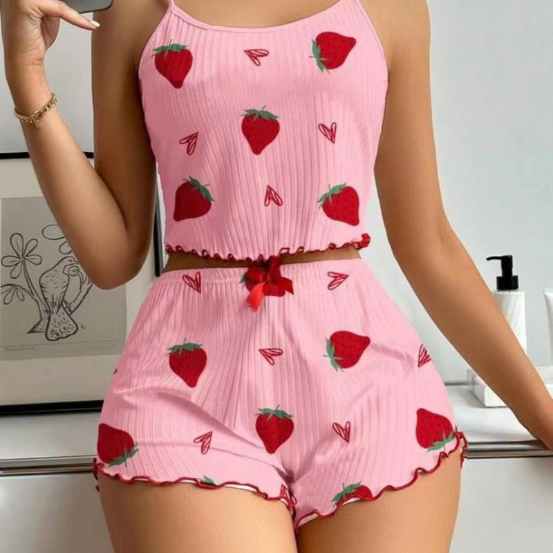 ChicShe European And American Cross-Border Trade Women's Pajamas Ribbed Heart Sexy Camisole Printed Tank Top Shorts Homewear_voghion.com