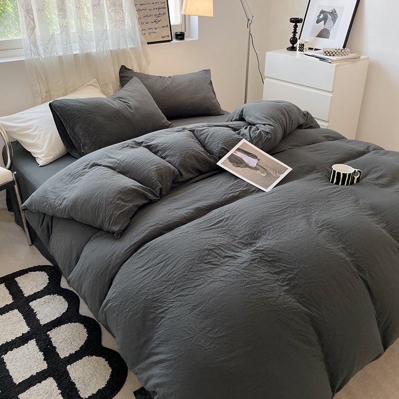 Ins Japanese Style Unprinted Pure Color Washed Cotton Four-Piece Fitted Bed Sheets Set Skin-Friendly Quilt Cover Student Dormitory Bed Bed Sheets Three-Piece Set 4