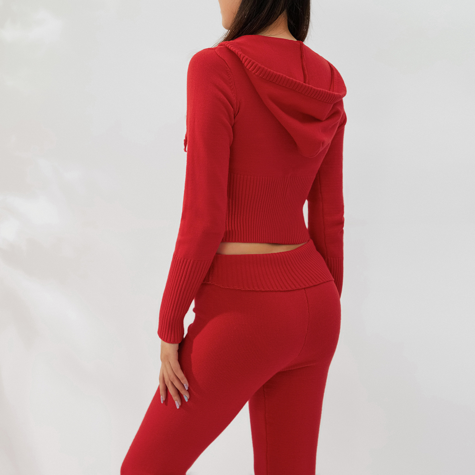 Ensemble deux pièces en tricot à capuche pour femme, pantalon sexy à manches longues et taille haute, à la mode_voghion.com