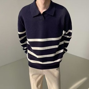 Light Mature Style Lapel Sweater Men's Korean Style Loose Striped Contrast Color Knitwear Autumn and Winter Casual Lapel Long Sleeve POLO Shirt