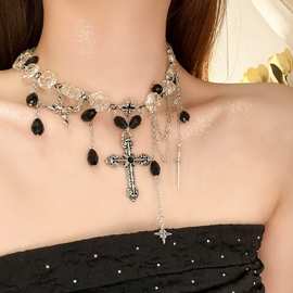 花朵透明流苏项链女多层锁骨链choker颈链秋冬配饰潮十字架小众