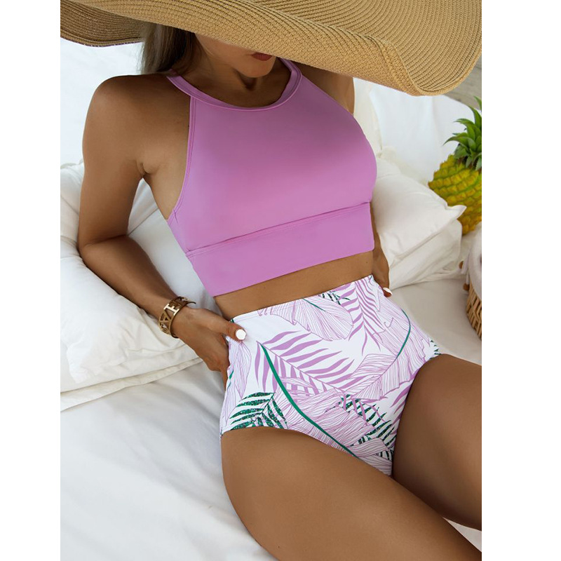 Bikini dividido para mujer, chaleco de cintura alta y pantalón con estampado, nuevo estilo Amazon