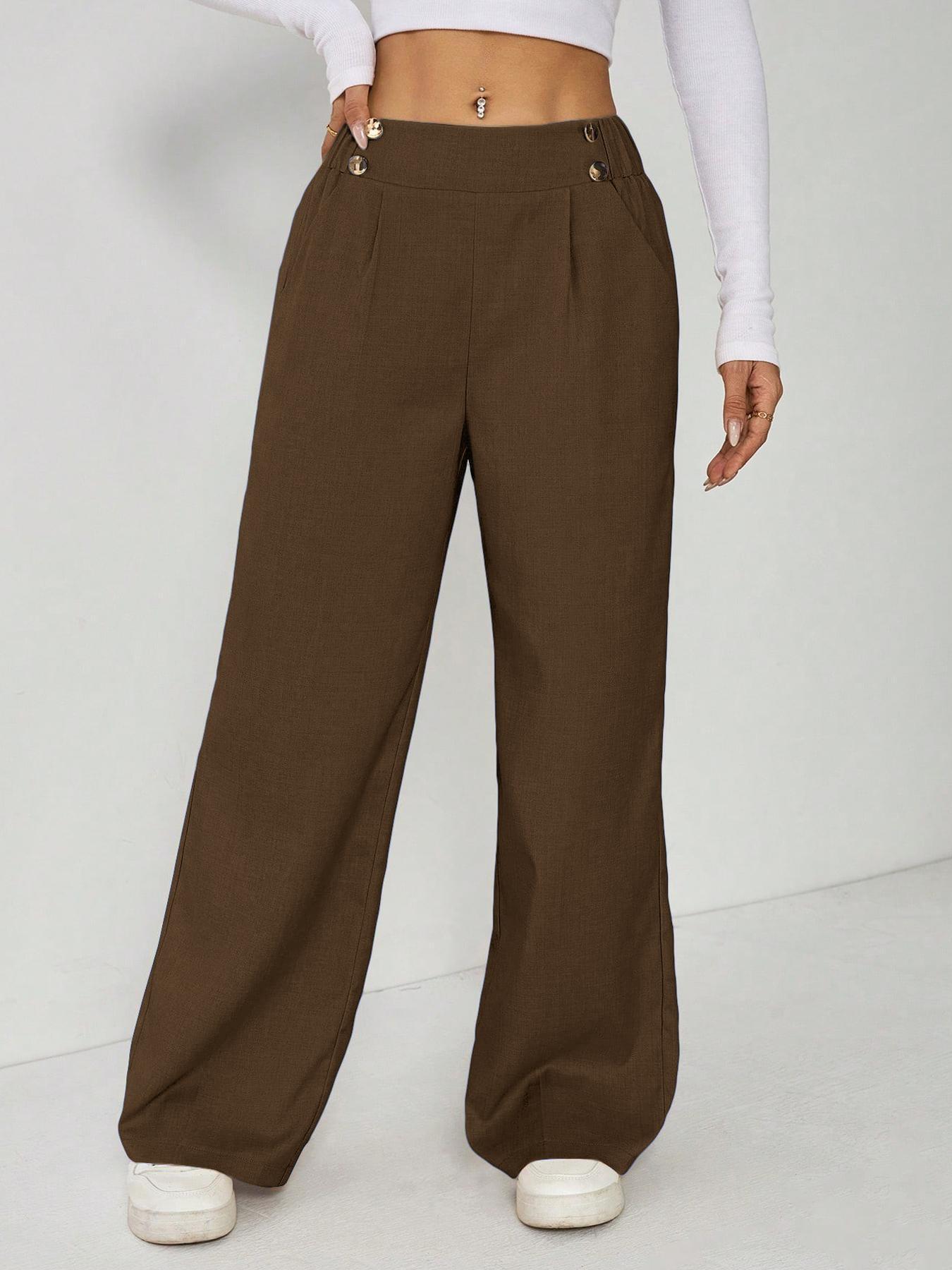 Women's Wide Leg Straight Leg Trousers Casual Fashion European American Style Button Decoration Commuting Pants_ecoleips.com
