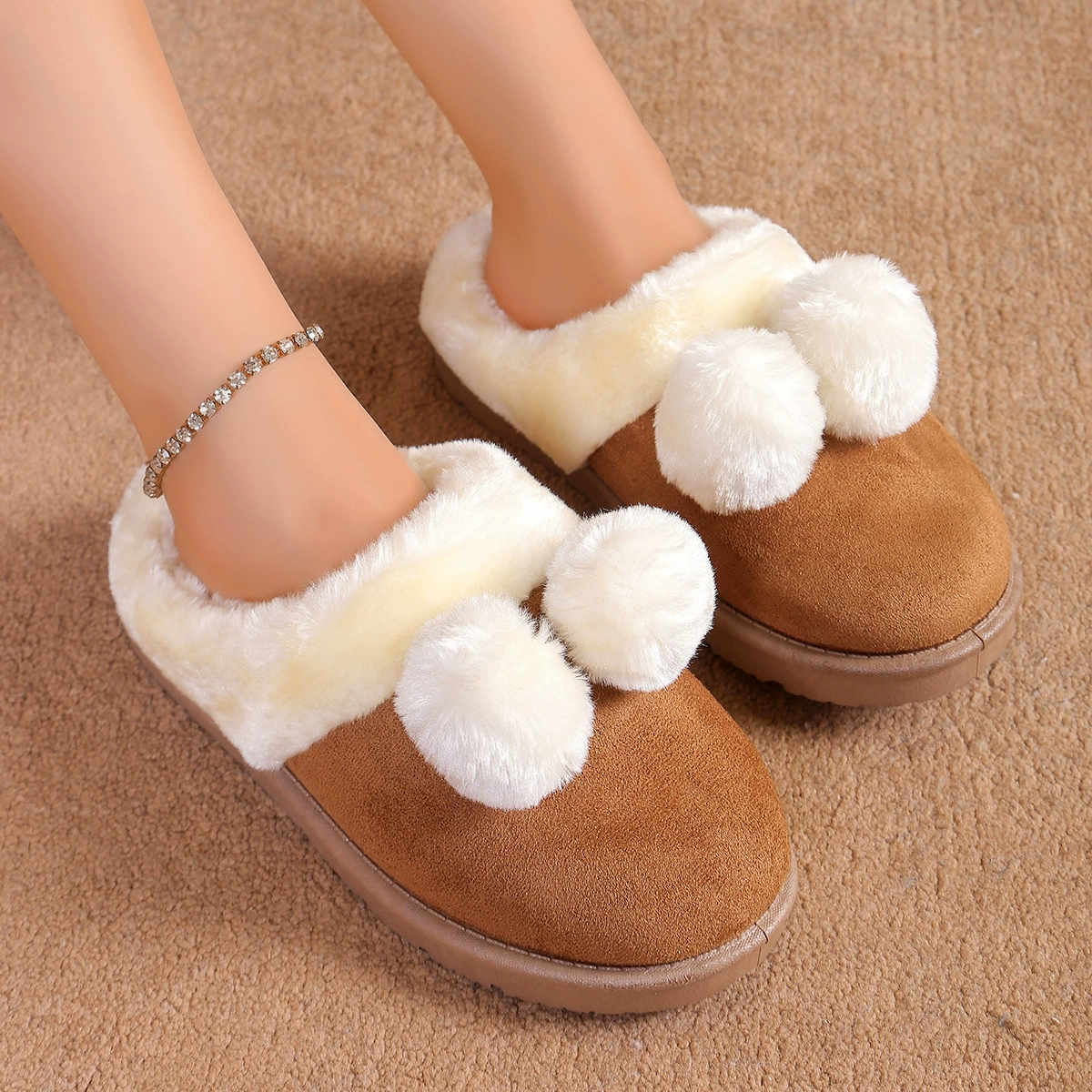 Симпатичные шарики трансграничные TEMU снежные сапоги полуперетаскивания 2024 осень и зима новая толстая подошва меховые туфли женские наружные носки плюс бархат