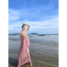 深辣妹连衣裙系带裸背波西米亚多巴胺沙滩性感挂脖吊带连衣裙