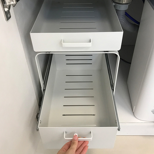 Double-layer drawer-type storage rack under the kitchen sink, homemade dish storage multi-functional pull basket in the cabinet