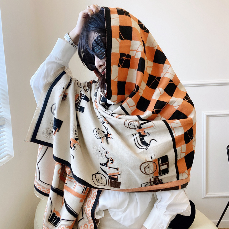 2021 moda elegante bufanda de Navidad Estilo Vintage chal cálido chal de lana de doble cara para mujer bufanda de lujo