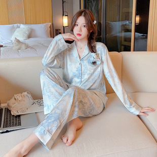 Source factory goods 2022 autumn new pajamas Women's Ice Silk a generation of trembles ink elegant blue home clothing suit