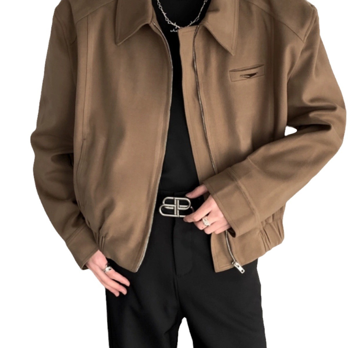 Primavera de alta gama cleanfit chaqueta corta hombre retro nicho metal hombrera silueta cremallera chaqueta de lana