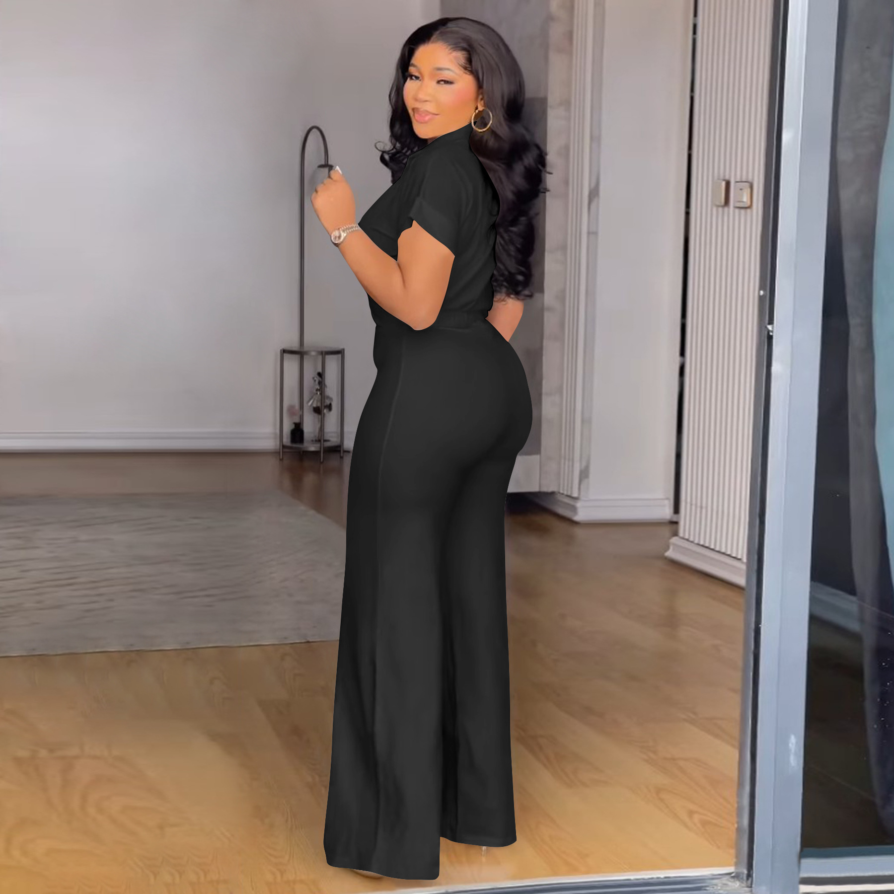 Women's Clothing Plus Size Summer Outfit High Waist Casual Pants & Solid Color Shirt Short Sleeved Two-Piece Set_ecoleips.com