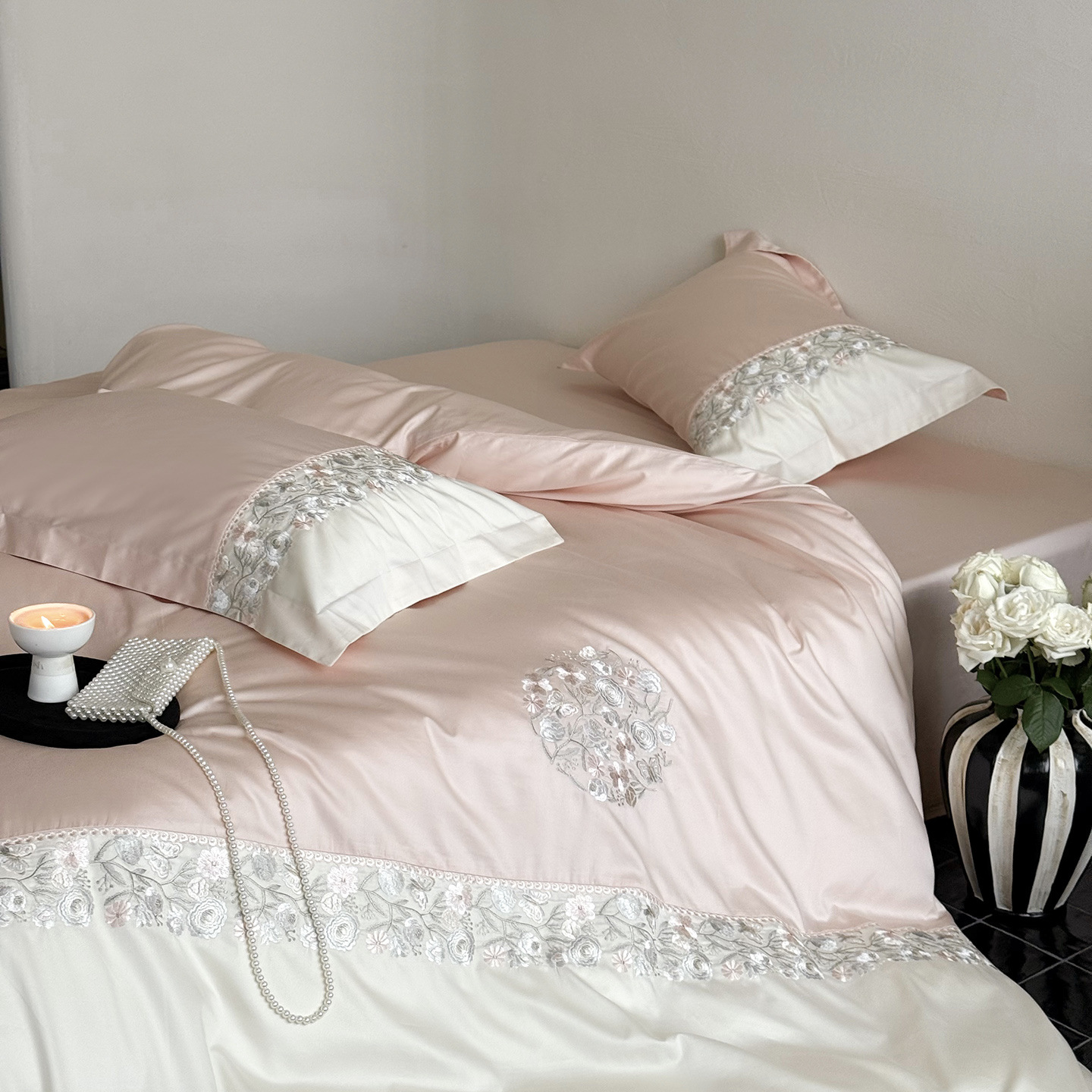 ¡Flor Shadow Shake! 100S algodón largo cuatro piezas de algodón bordado cubierta de edredón de algodón cuadrangular cubierta de almohada cuatro estaciones desnuda para dormir