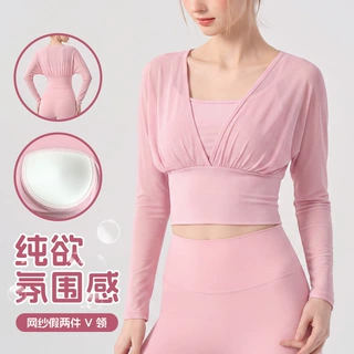 假两件网纱瑜伽服长袖t恤带胸垫v领收腰显瘦普拉提运动健身上衣女