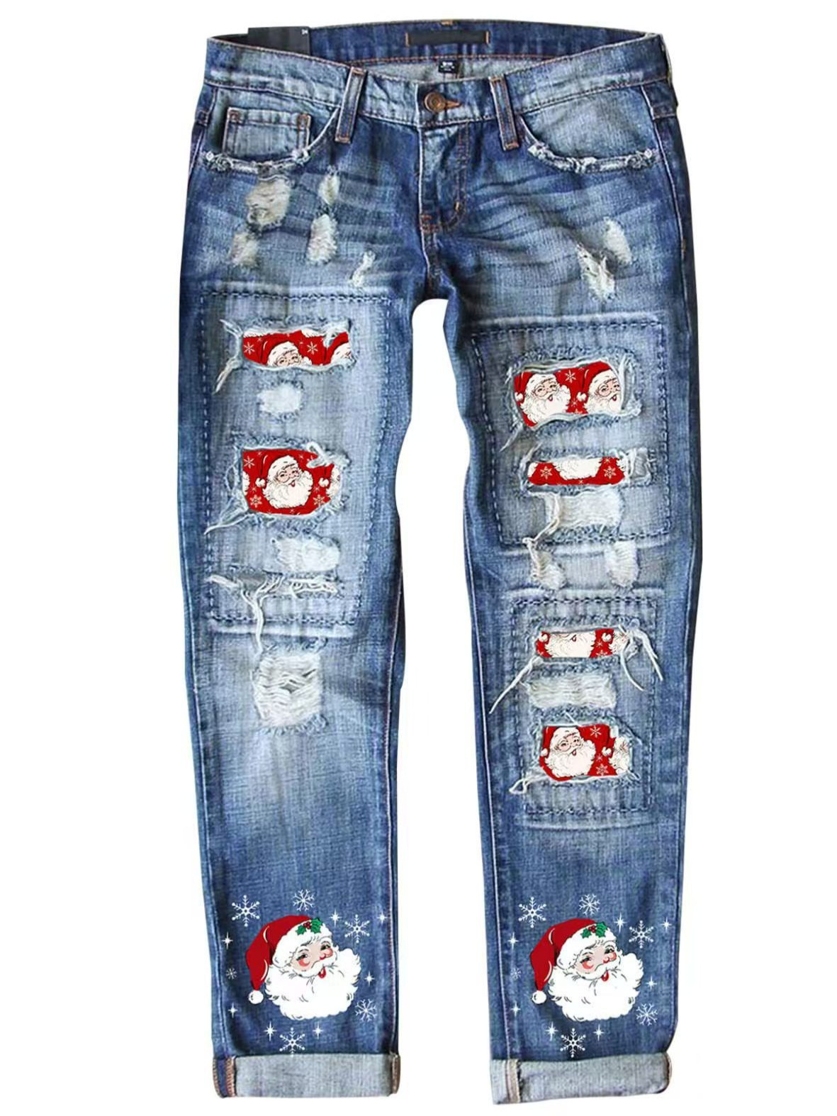 Jeans Rectos con Rotos para Mujer de Mezclilla de Algodón, Estampado, Lavado